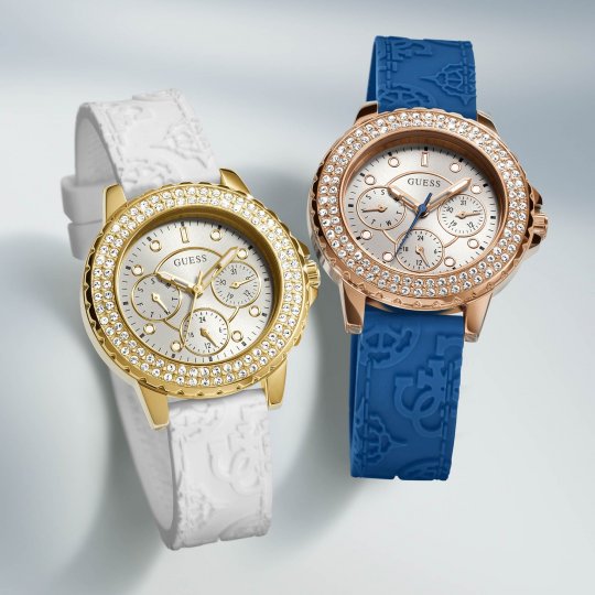 Guess Crown Jewel Diamonds White Dial Blue Rubber Strap Watch for Women - GW0411L2
