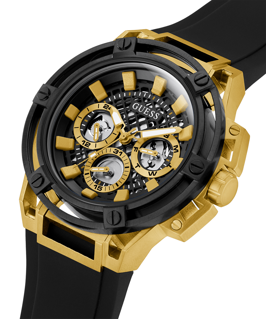 Guess Matrix Multifunction Gold Dial Black Rubber Strap Watch For Men - GW0423G2