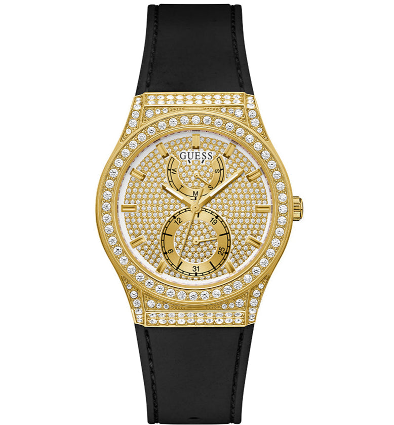 Guess Princess Crystals Gold Dial Black Silicone Strap Watch For Women - GW0439L2