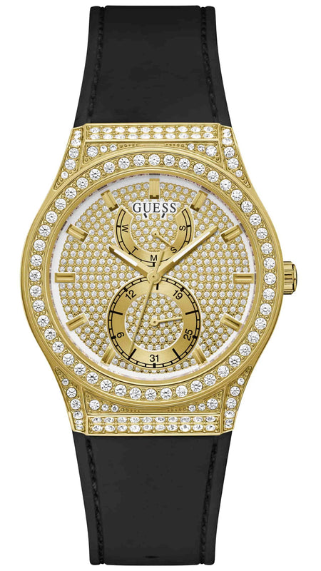 Guess Princess Crystals Gold Dial Black Silicone Strap Watch For Women - GW0439L2
