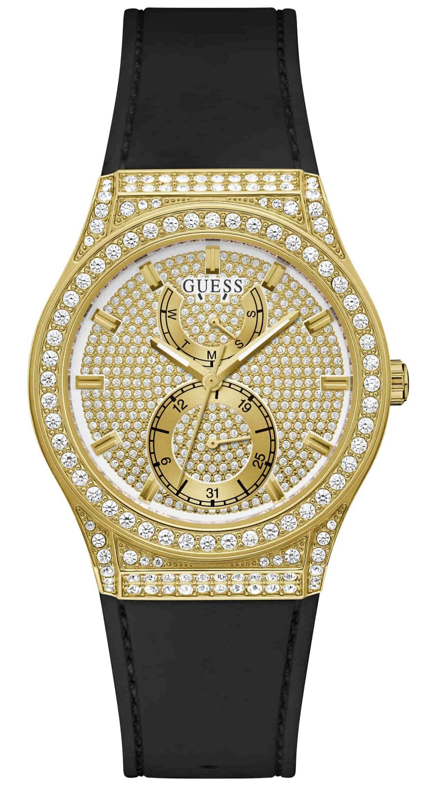 Guess Princess Crystals Gold Dial Black Silicone Strap Watch For Women - GW0439L2