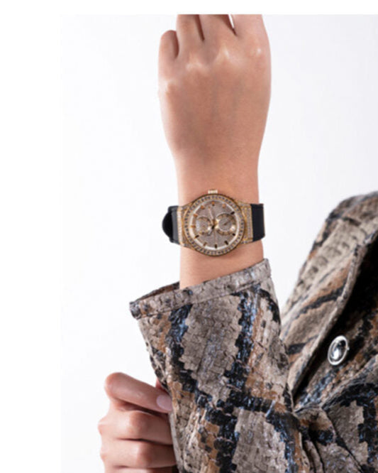 Guess Princess Crystals Gold Dial Black Silicone Strap Watch For Women - GW0439L2