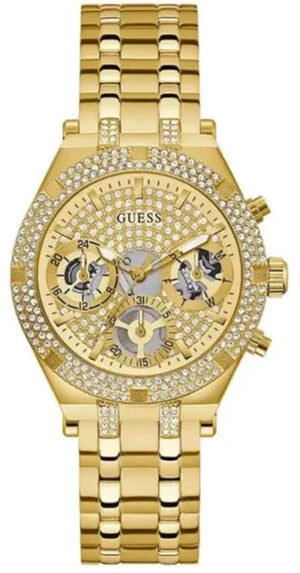 Guess Heiress Multifunction Diamonds Gold Dial Gold Steel Strap Watch for Women - GW0440L2