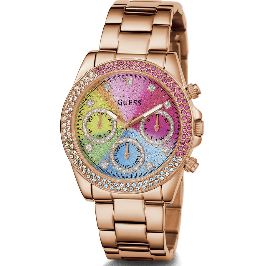 Guess Confetti Multifunction Multicolor Dial Rose Gold Steel Strap Watch For Women - GW0483L3