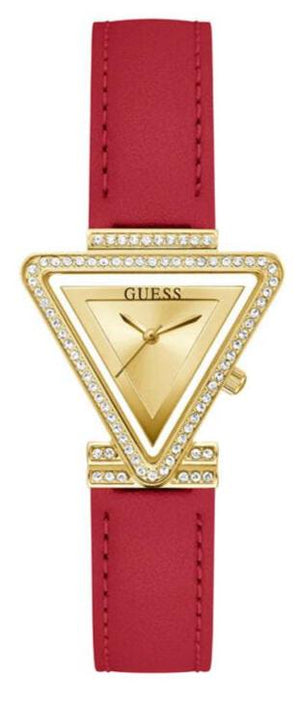 Guess Fame Quartz Gold Dial Red Leather Strap Watch For Women - GW0504L2