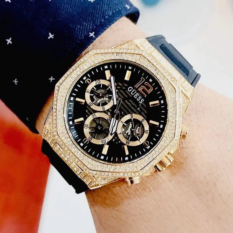 Guess Momentum Chronograph Diamonds Black Dial Black Silicone Strap Watch For Men - GW0518G2