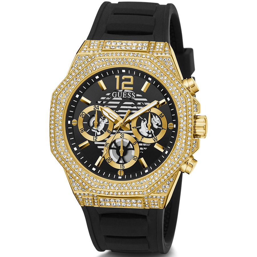 Guess Momentum Chronograph Diamonds Black Dial Black Silicone Strap Watch For Men - GW0518G2