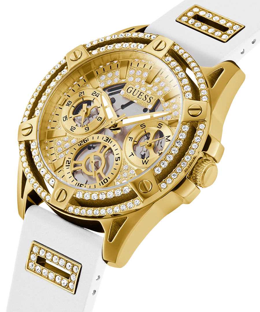 Guess Queen Quartz Gold Dial White Silicone Strap Watch For Women - GW0536L2