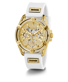 Guess Queen Quartz Gold Dial White Silicone Strap Watch For Women - GW0536L2