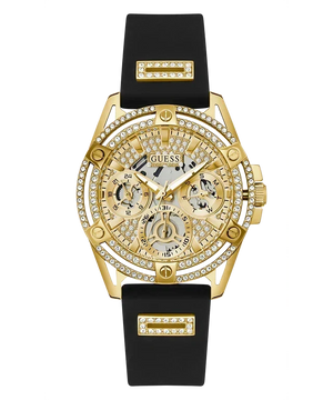 Guess Queen Quartz Gold Dial Black Silicone Strap Watch For Women - GW0536L3