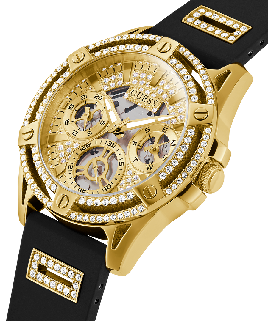 Guess Queen Quartz Gold Dial Black Silicone Strap Watch For Women - GW0536L3
