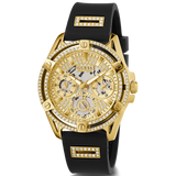 Guess Queen Quartz Gold Dial Black Silicone Strap Watch For Women - GW0536L3