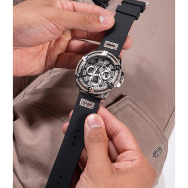 Guess King Quartz Crystals Silver Dial Black Silicone Strap Watch For Men - GW0537G1