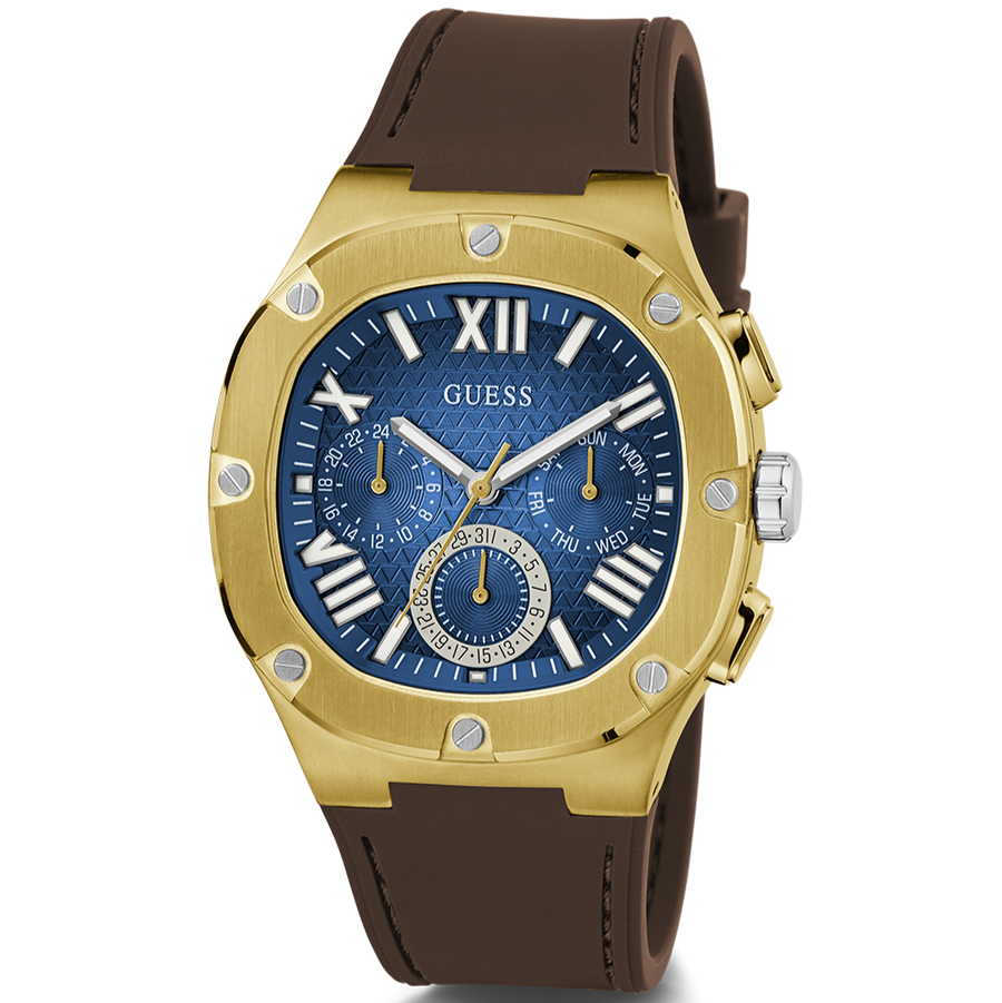 Guess Headline Chronograph Blue Dial Brown Silicone Strap Watch For Men - GW0571G5
