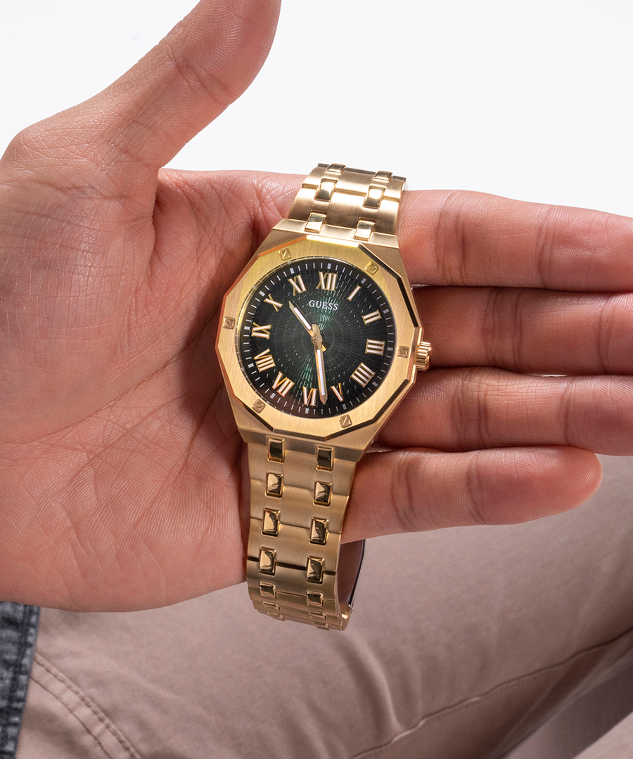 Guess Asset Quartz Green Dial Gold Steel Strap Watch For Men - GW0575G2