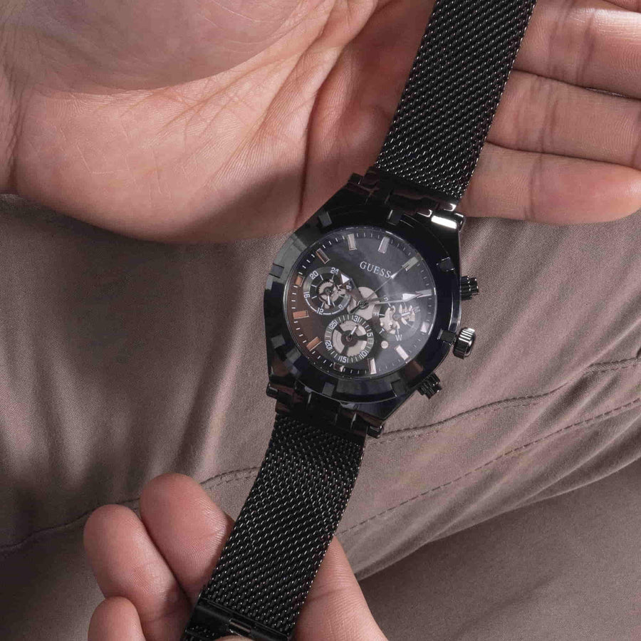 Guess Continental Chronograph Black Dial Black Mesh Strap Watch For Men - GW0582G3