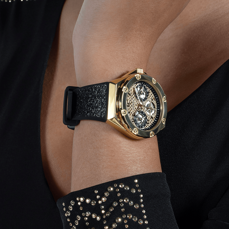Guess Asteria Multifunction Gold Dial Black Rubber Strap Watch For Women - GW0620L2