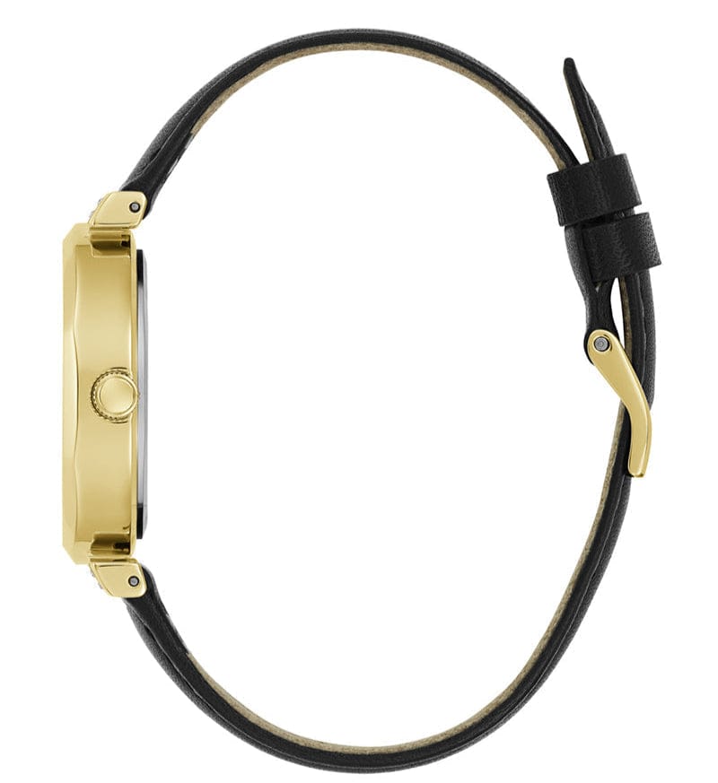 Guess Rumour Quartz Gold Dial Black Leather Strap Watch For Women - GW0689L2