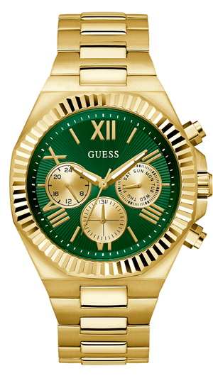 Guess Equity Analog Green Dial Gold Steel Strap Watch For Men - GW0703G2