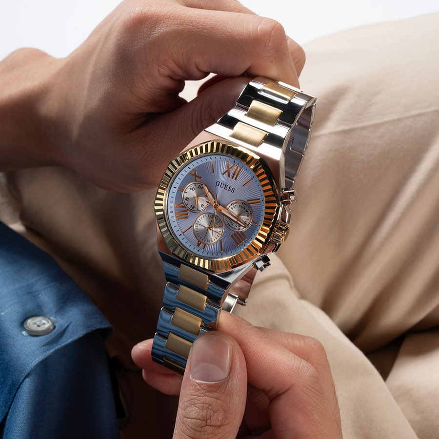 Guess Equity Analog Blue Dial Two Tone Steel Strap Watch For Men - GW0703G3