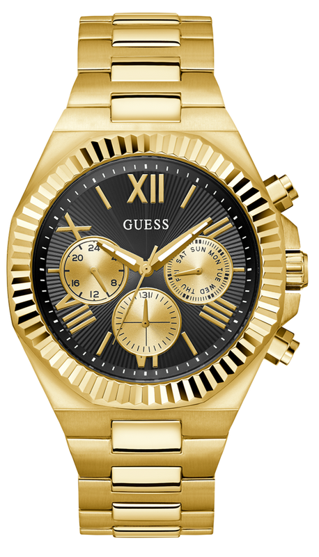 Guess Equity Multifunction Black Dial Gold Steel Strap Watch For Men - GW0703G5