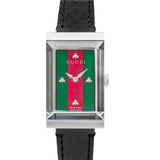 Gucci G-Frame Mother of Pearl Green & Red Dial Black Leather Strap Watch For Women - YA147403