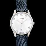 Gucci G-Timeless Signature Mother of Pearl Silver Dial Blue Leather Strap Watch For Women - YA1264049