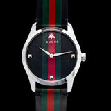 Gucci G Timeless Quartz Black Dial Multicolored Black Leather Strap Watch For Men - YA12640799