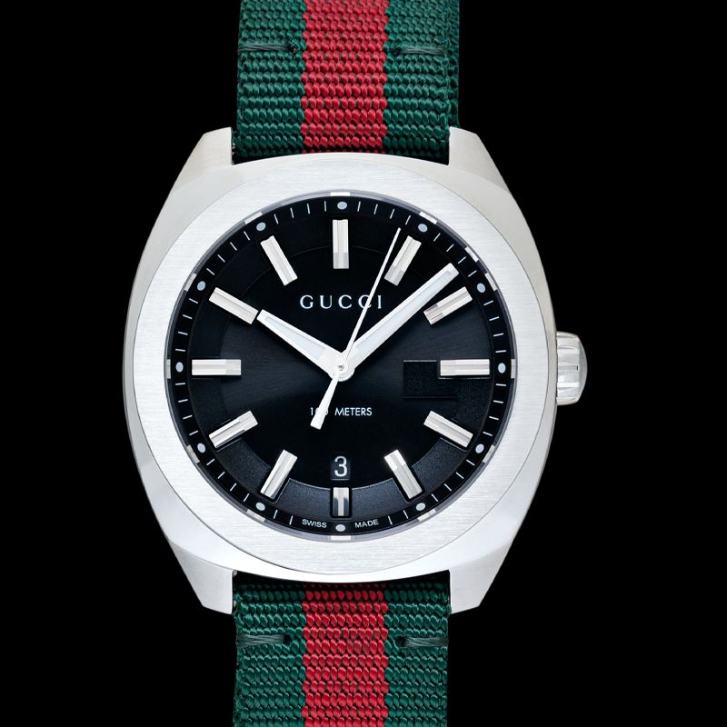 Gucci GG2570 Quartz Black Dial Green & Red Nylon Strap Watch For Men - YA142305