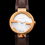 Gucci G Interlocking Mother of Pearl Dial Brown Leather Strap Watch For Women - YA133516