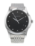 Gucci G Timeless Diamonds Black Dial Silver Steel Strap Watch For Men - YA126405