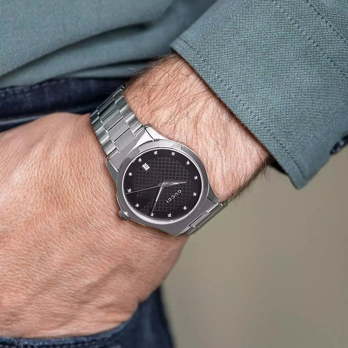Gucci G Timeless Diamonds Black Dial Silver Steel Strap Watch For Men - YA126456