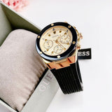 Guess Athena Gold Dial Black Rubber Strap Watch For Women - GW0030L2