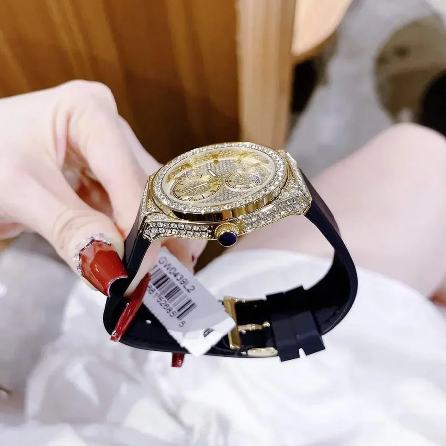 Guess Princess Crystals Gold Dial Black Silicone Strap Watch For Women - GW0439L2