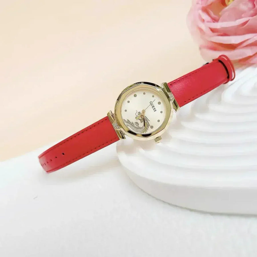 Guess Trend Dragon Gold Dial Red Leather Strap Watch For Women - GW0646L1