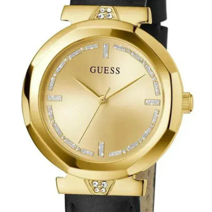 Guess Rumour Quartz Gold Dial Black Leather Strap Watch For Women - GW0689L2