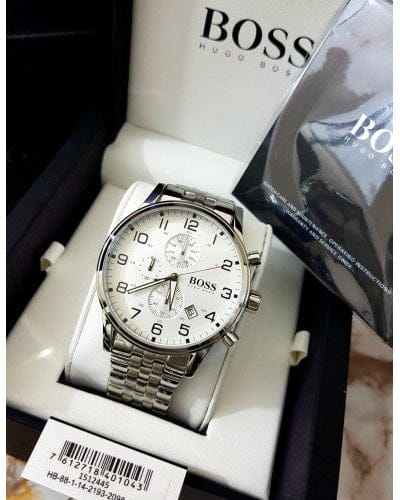Hugo Boss Aeroliner Chronograph White Dial Silver Steel Strap Watch For Men - 1512445
