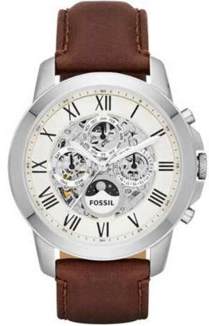 Fossil Grant Automatic White Dial Brown Leather Strap Watch for Men - ME3052