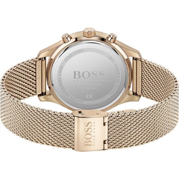 Hugo Boss Associate Black Dial Rose Gold Mesh Bracelet Watch for Men - 1513806