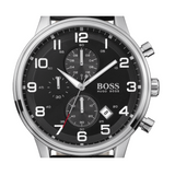 Hugo Boss Aeroliner Chronograph Black Dial Black Leather Strap Watch For Men - 1512448