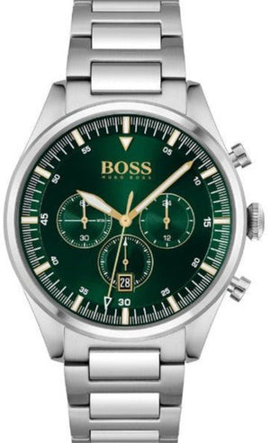 Hugo Boss Pioneer Green Dial Silver Steel Strap Watch for Men - 1513868