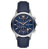 Emporio Armani Renato Chronograph Blue Dial Black Leather Strap Watch For Men - AR11216