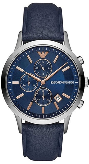 Emporio Armani Renato Chronograph Blue Dial Black Leather Strap Watch For Men - AR11216