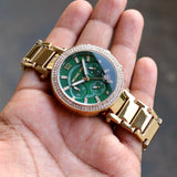 Michael Kors Parker Chronograph Green Dial Gold Steel Strap Watch for Women - MK6263