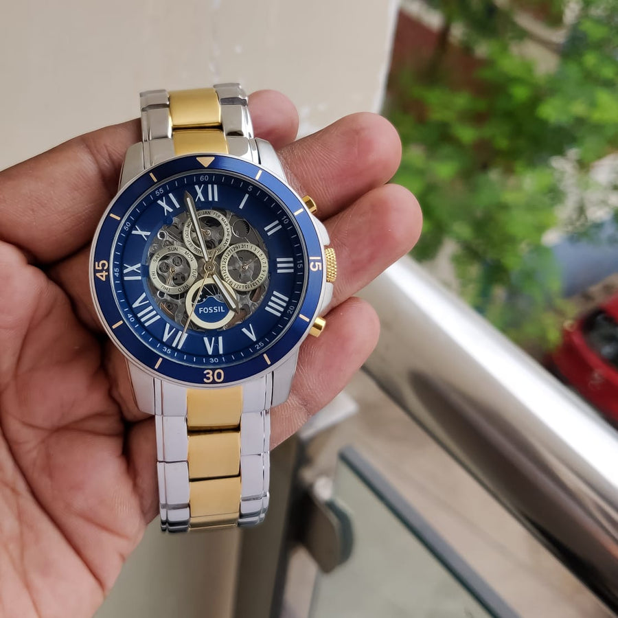 Fossil Grant Sport Automatic Skeleton Blue Dial Two Tone Steel Strap Watch for Men - ME3141
