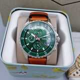 Fossil Dillinger Luggage Chronograph Green Dial Brown Leather Strap Watch for Men - FS5734