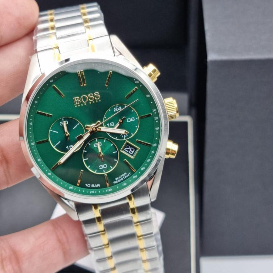 Hugo Boss Champion Green Dial Silver Steel Strap Watch for Men - 1513878