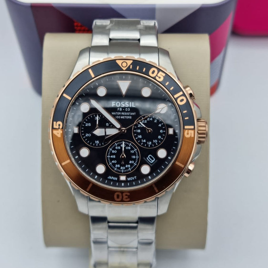 Fossil FB-03 Chronograph Black Dial Silver Steel Strap Watch for Men - FS5768