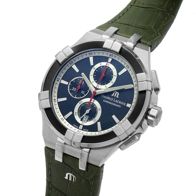 Maurice Lacroix Aikon Chronograph Black Dial Green Leather Strap Watch for Men - AI1018-PVB21-330-1