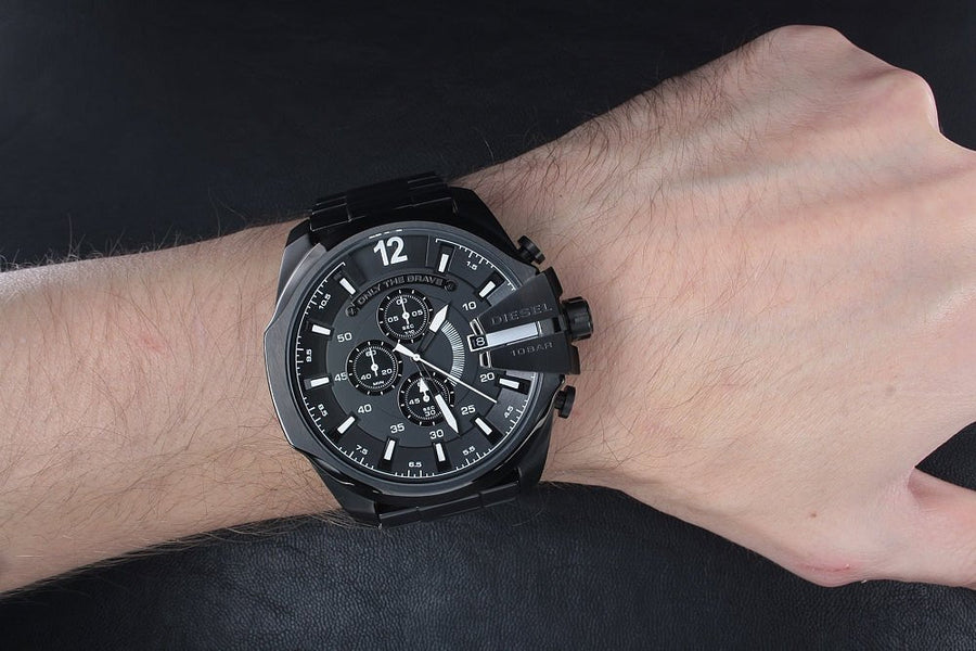 Diesel Mega Chief Chronograph Black Dial Black Steel Strap Watch For Men - DZ4283
